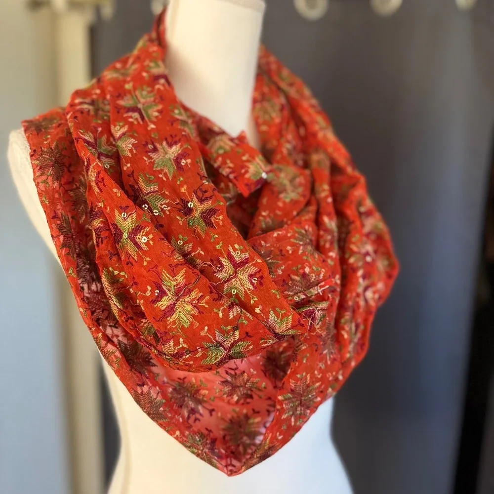 Raj Embroidered Sequin Infinity Scarf One Size Orange 100%‎ Silk Floral Bohemian